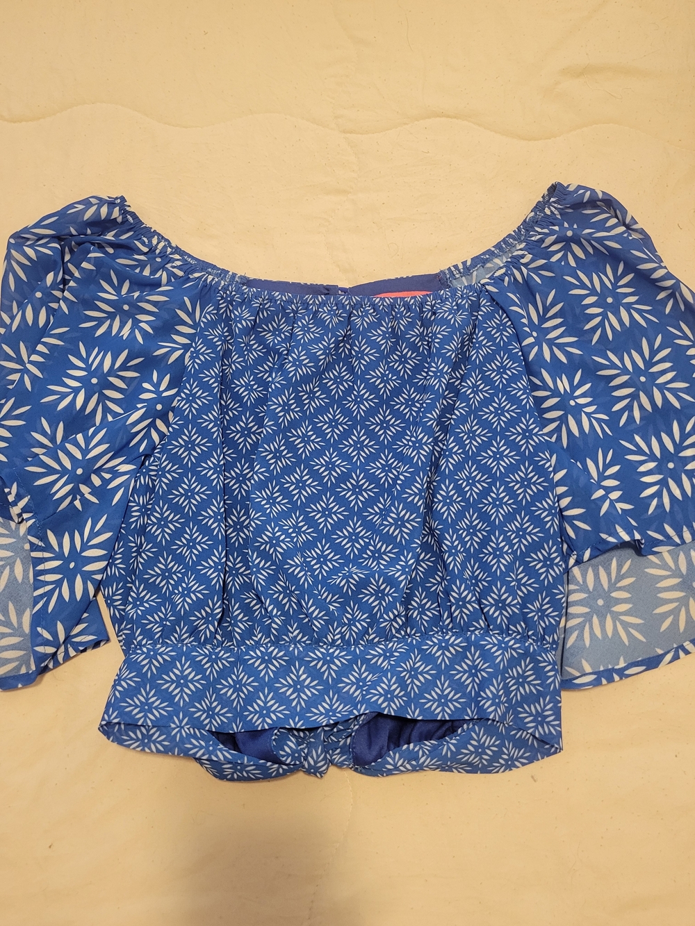 Flying Tomato Blue White Floral Off-Shoulder Crop Top